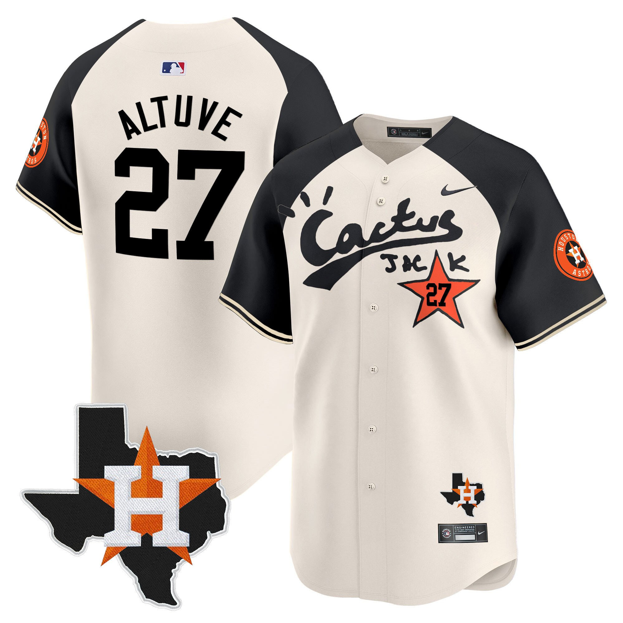 Jose Altuve 27 Houston Astros Cactus Jack Houston Patch Limited Jersey - Men, Cream Alternate