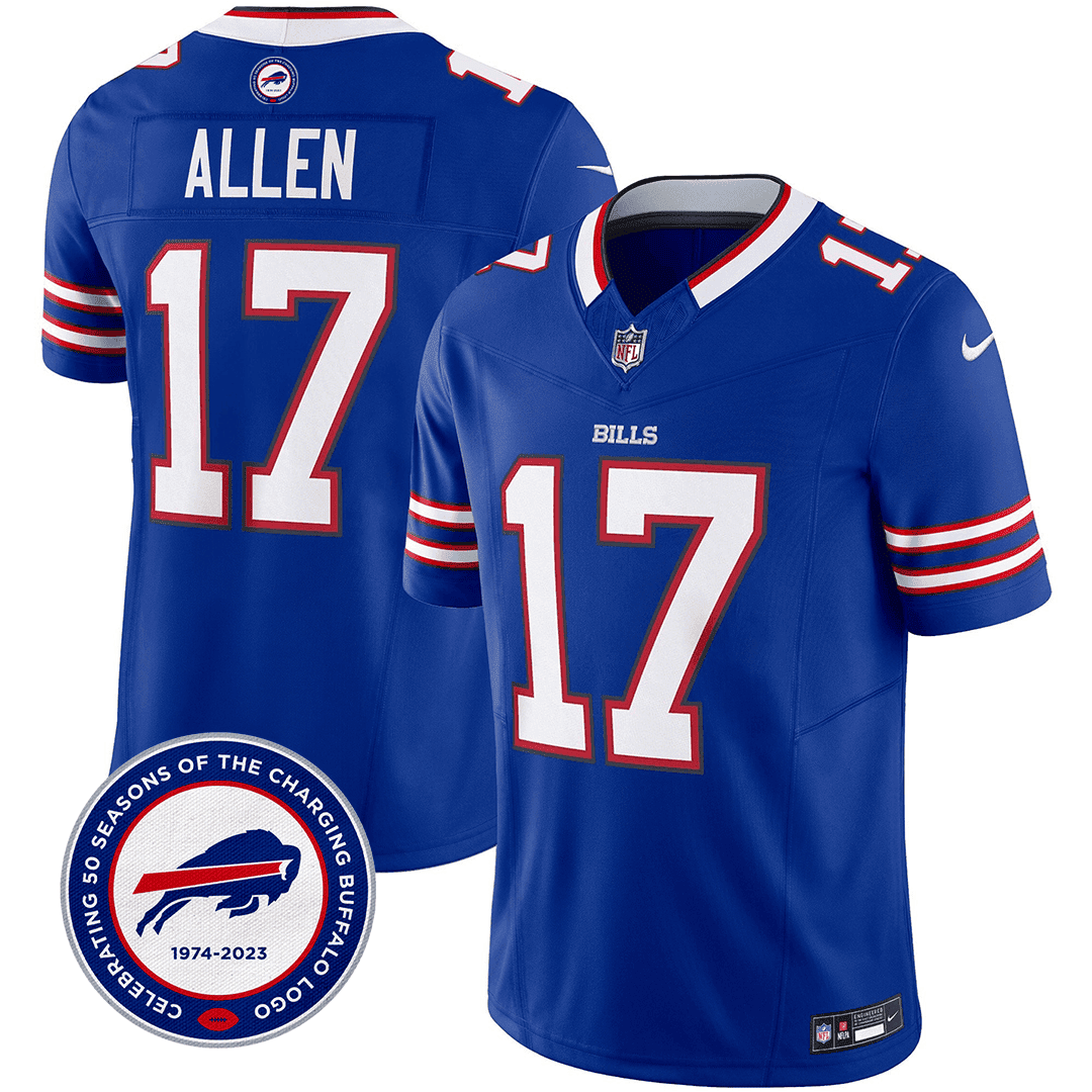 Josh Allen 17 Buffalo Bills 50th Charging Logo Patch Game Men Jersey - Royal Js4695