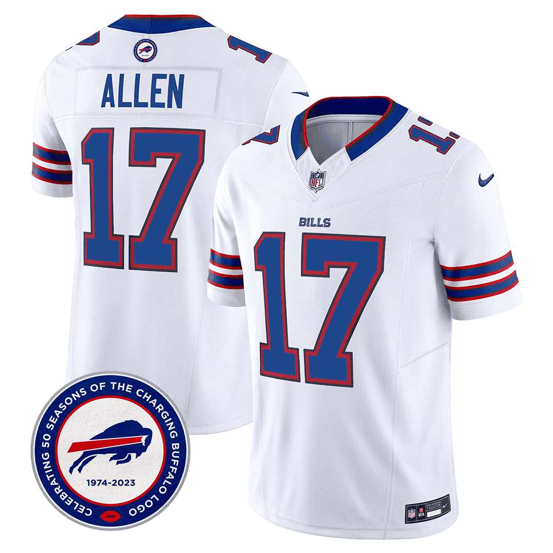 Josh Allen 17 Buffalo Bills 50th Charging Logo Patch Game Men Jersey - White Js3632