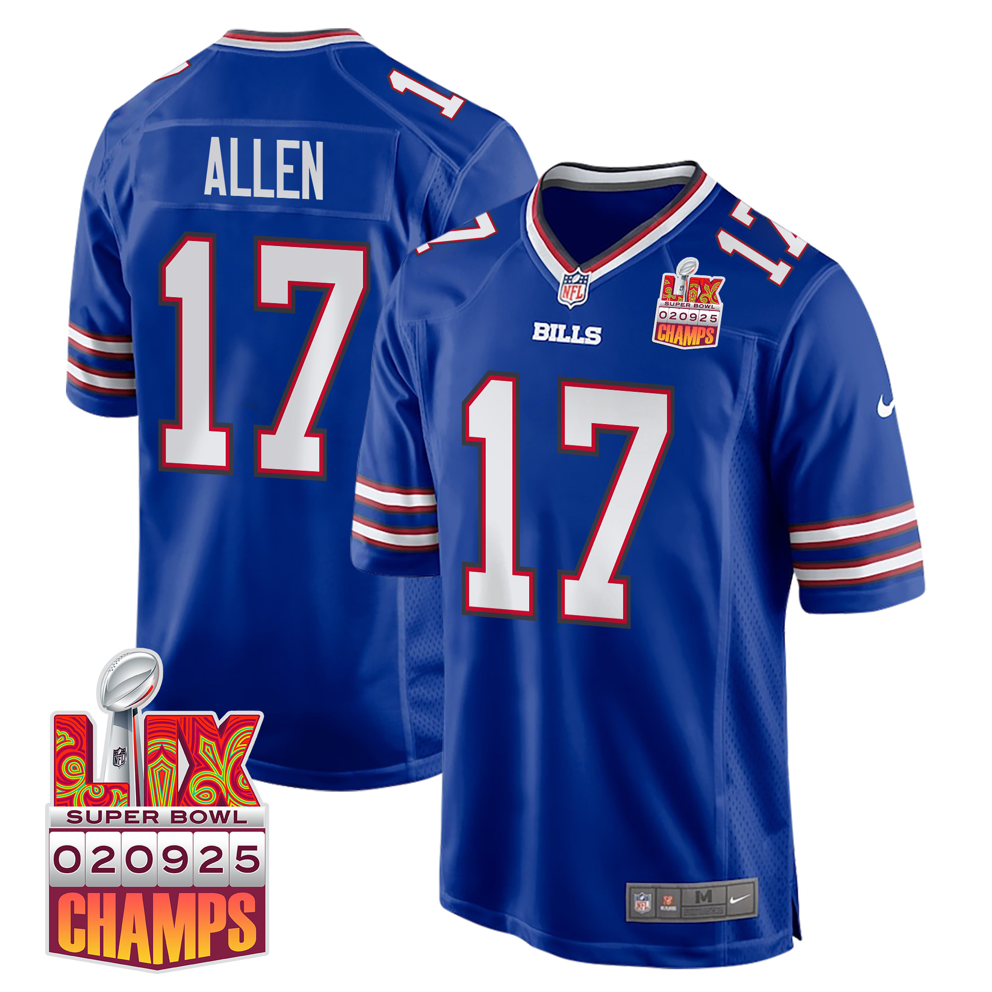 Josh Allen 17 Buffalo Bills Super Bowl Lix Champions Patch Game Men Jersey - Royal Js3877