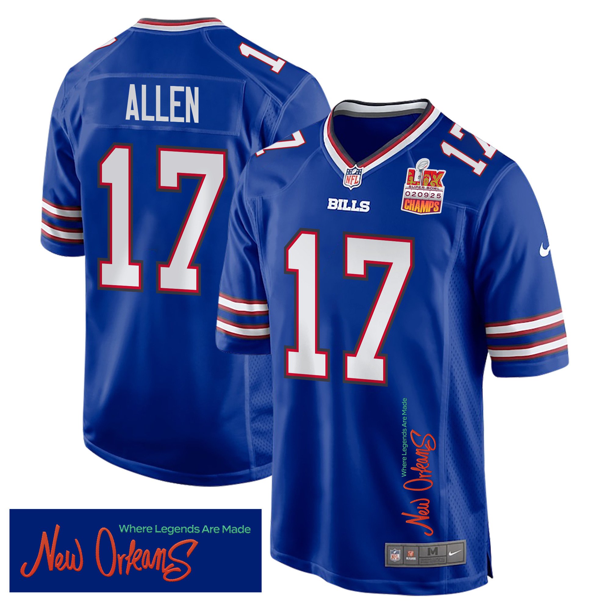 Josh Allen 17 Buffalo Bills Super Bowl Lix Champions Patch 'new Orleans - Where Legends Are Made' Embroidered Game Men Jersey - Royal Js3633