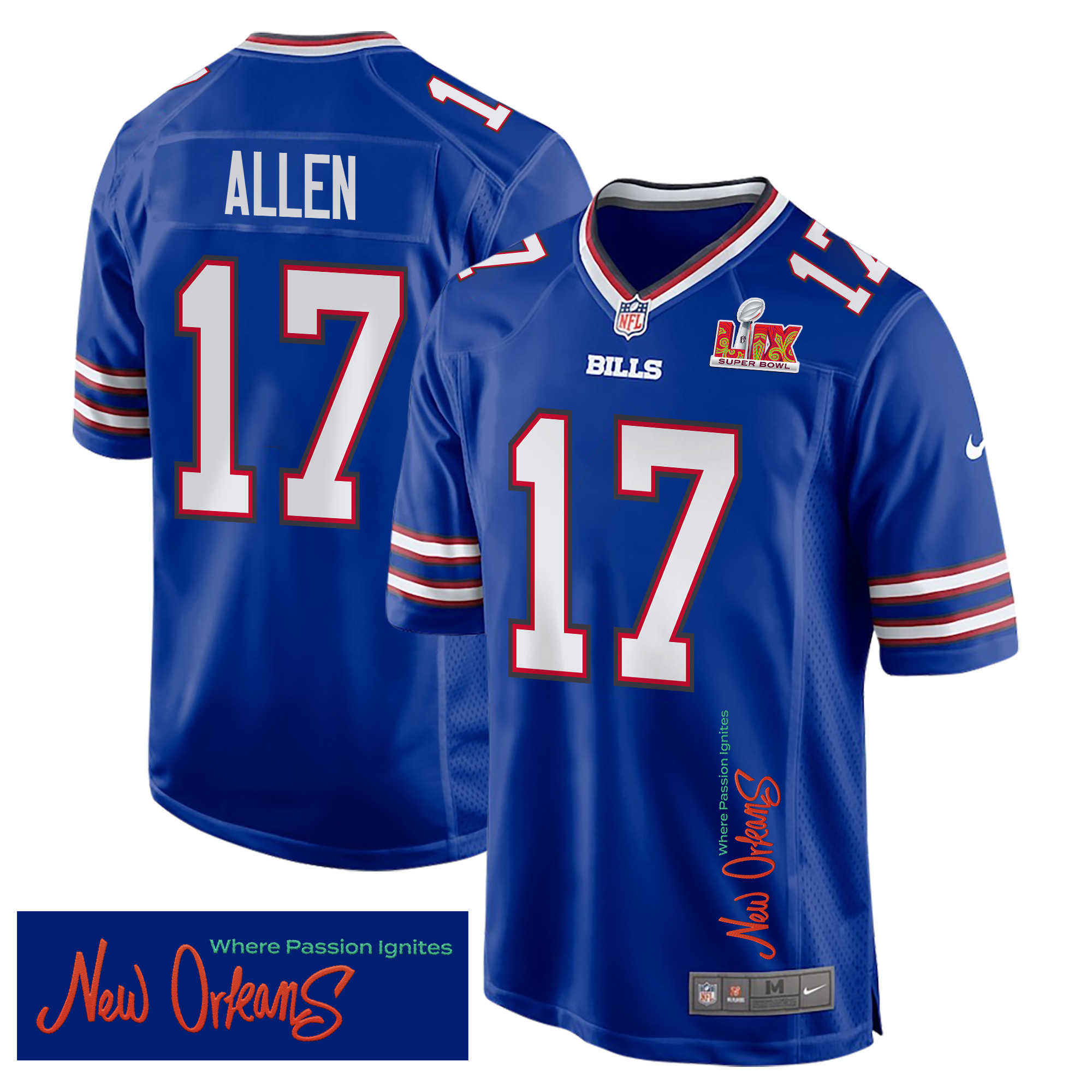 Josh Allen 17 Buffalo Bills Super Bowl Lix 'new Orleans - Where Passion Ignites' Embroidered Game Men Jersey - Royal Js5196