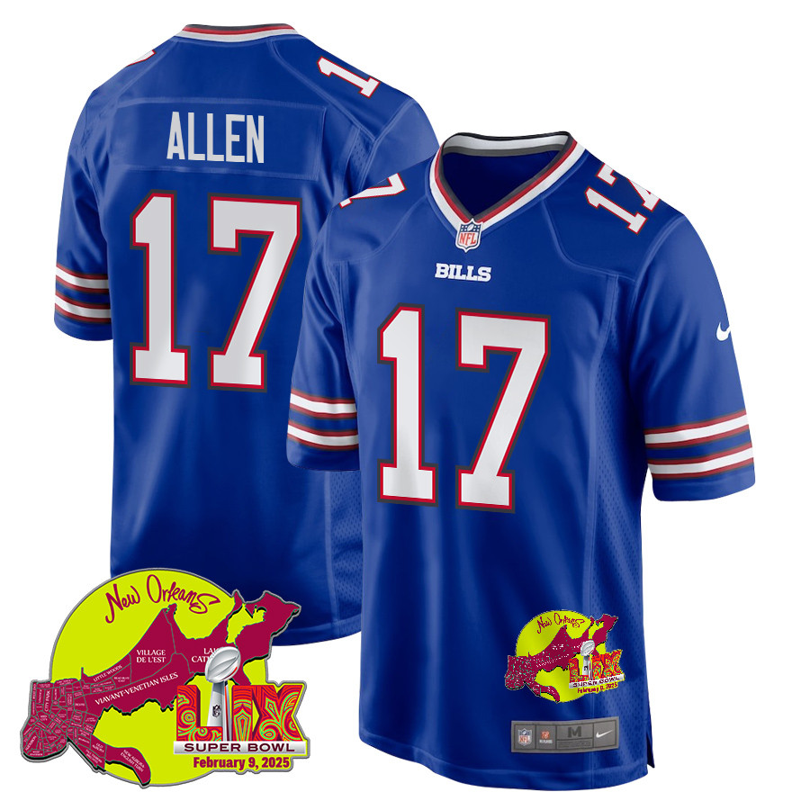 Josh Allen 17 Buffalo Bills Super Bowl Lix New Orleans Patch Game Men Jersey - Royal Js6908