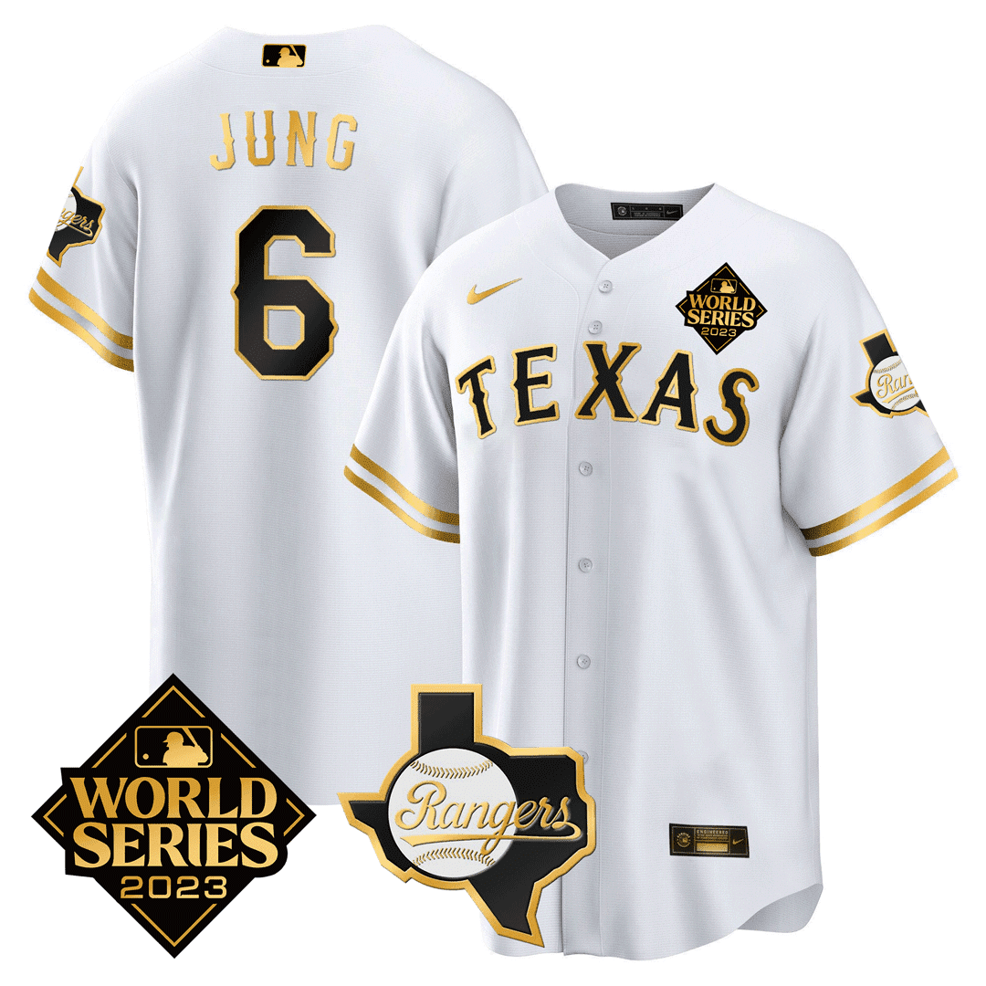 Josh Jung 6 Texas Rangers 2023 World Series & Texas State Patch Men Jersey - White Gold V2