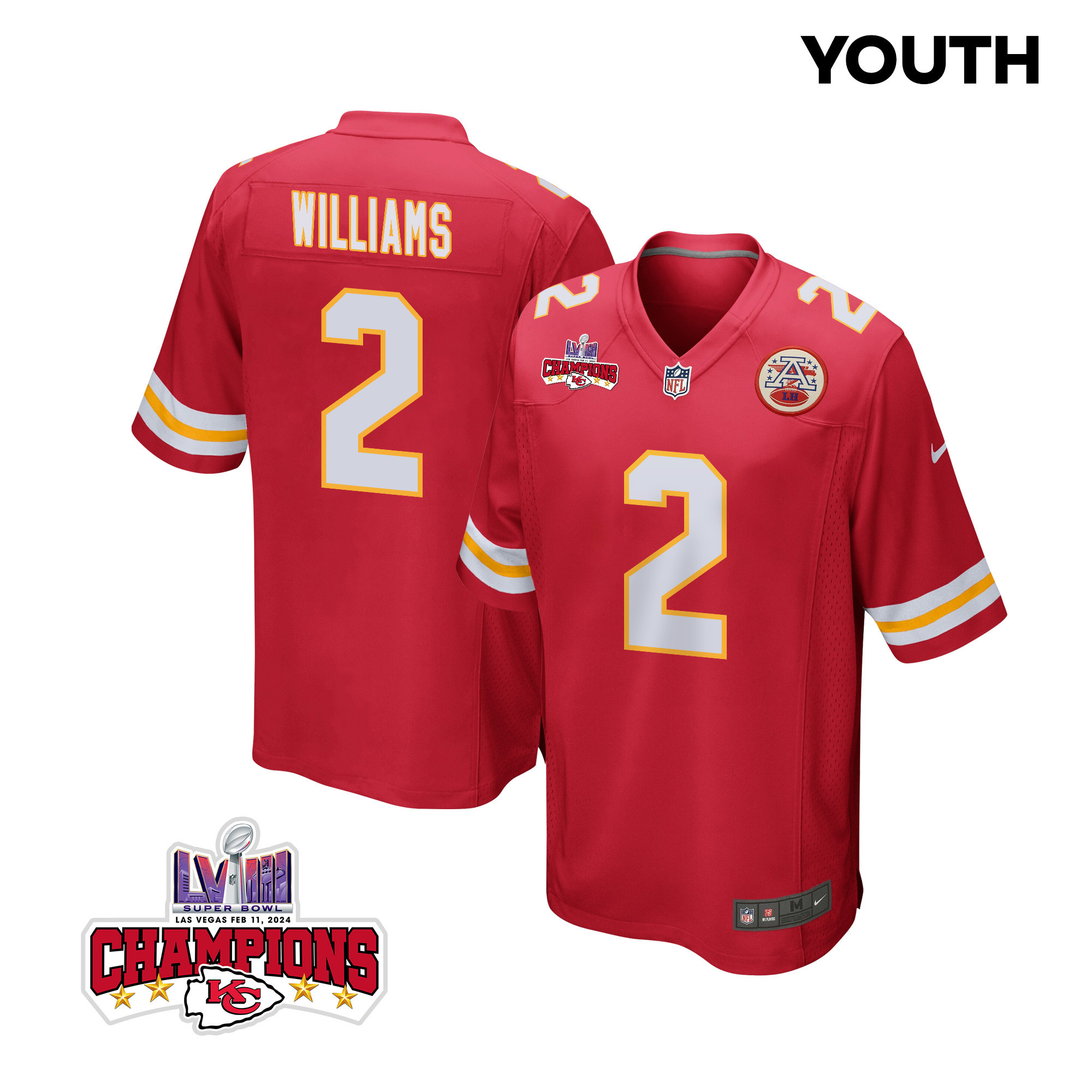Joshua Williams 2 Kansas City Chiefs Super Bowl Lviii Champions 4 Stars Patch Game Youth Jersey - Red Js5281