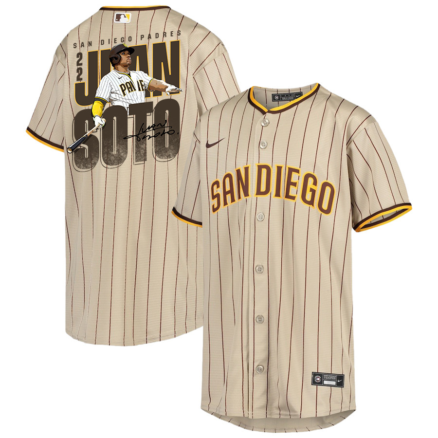 Juan Soto 22 San Diego Padres Signed Posture 2023 Alternate Player Youth Jersey - Sand/brown