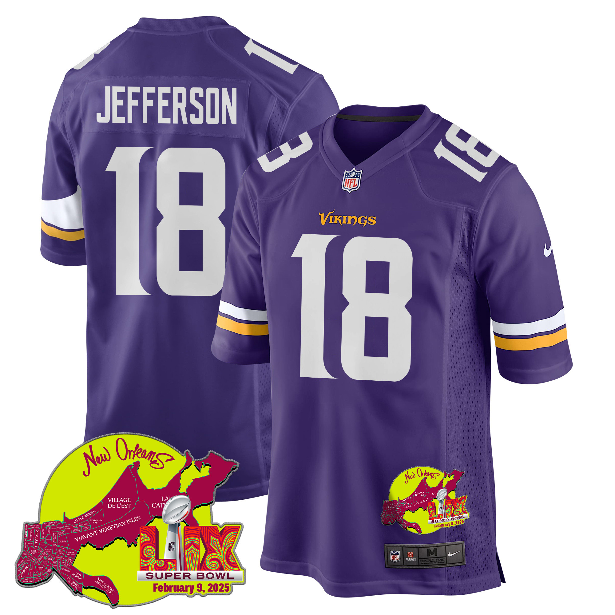 Justin Jefferson 18 Minnesota Vikings Super Bowl Lix New Orleans Patch Game Men Jersey - Purple Js8059