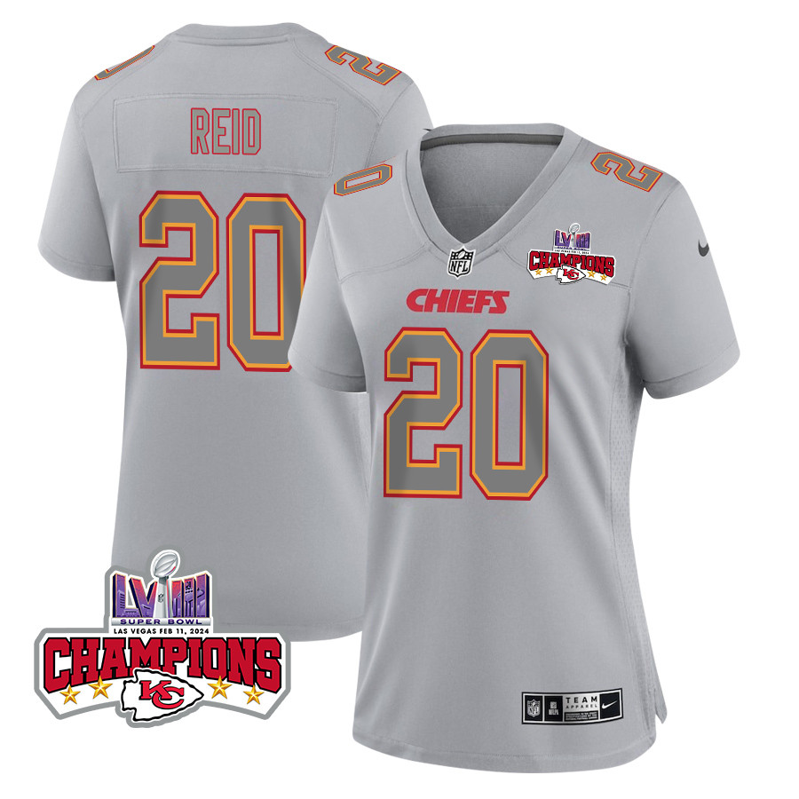 Justin Reid 20 Kansas City Chiefs Super Bowl Lviii Champions 4 Stars Patch Atmosphere Fashion Game Women Jersey - Gray Js2137