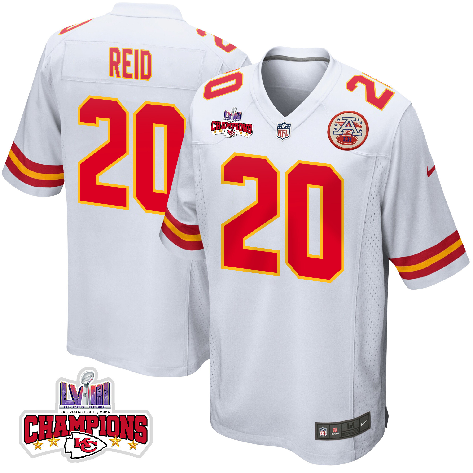 Justin Reid 20 Kansas City Chiefs Super Bowl Lviii Champions 4 Stars Patch Game Men Jersey - White Js8409