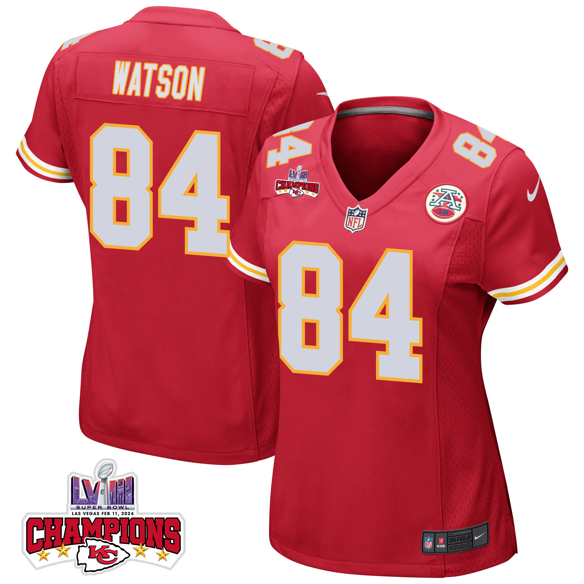 Justin Watson 84 Kansas City Chiefs Super Bowl Lviii Champions 4 Stars Patch Game Women Jersey - Red Js9859