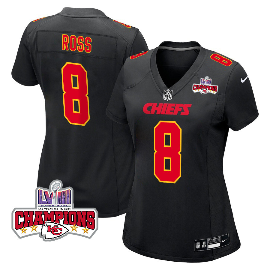 Justyn Ross 8 Kansas City Chiefs Super Bowl Lviii Champions 4 Stars Patch Fashion Game Women Jersey - Carbon Black Js1136