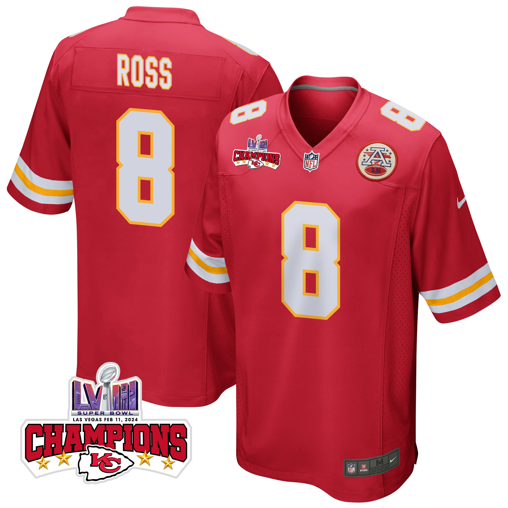 Justyn Ross 8 Kansas City Chiefs Super Bowl Lviii Champions 4 Stars Patch Game Men Jersey - Red Js4938