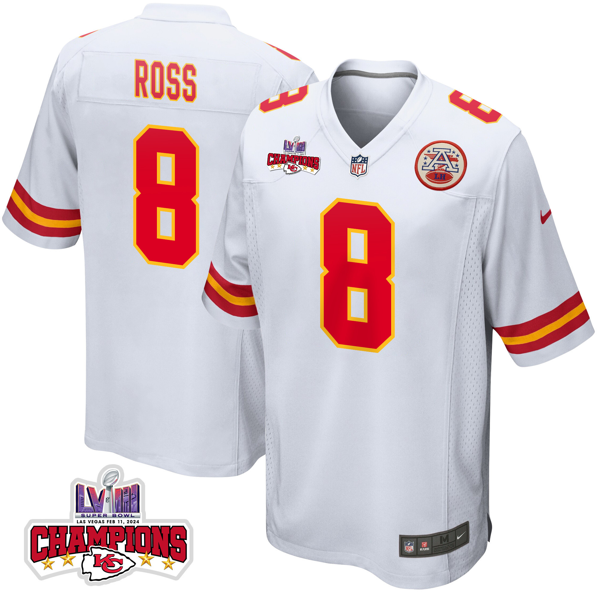 Justyn Ross 8 Kansas City Chiefs Super Bowl Lviii Champions 4 Stars Patch Game Men Jersey - White Js6601