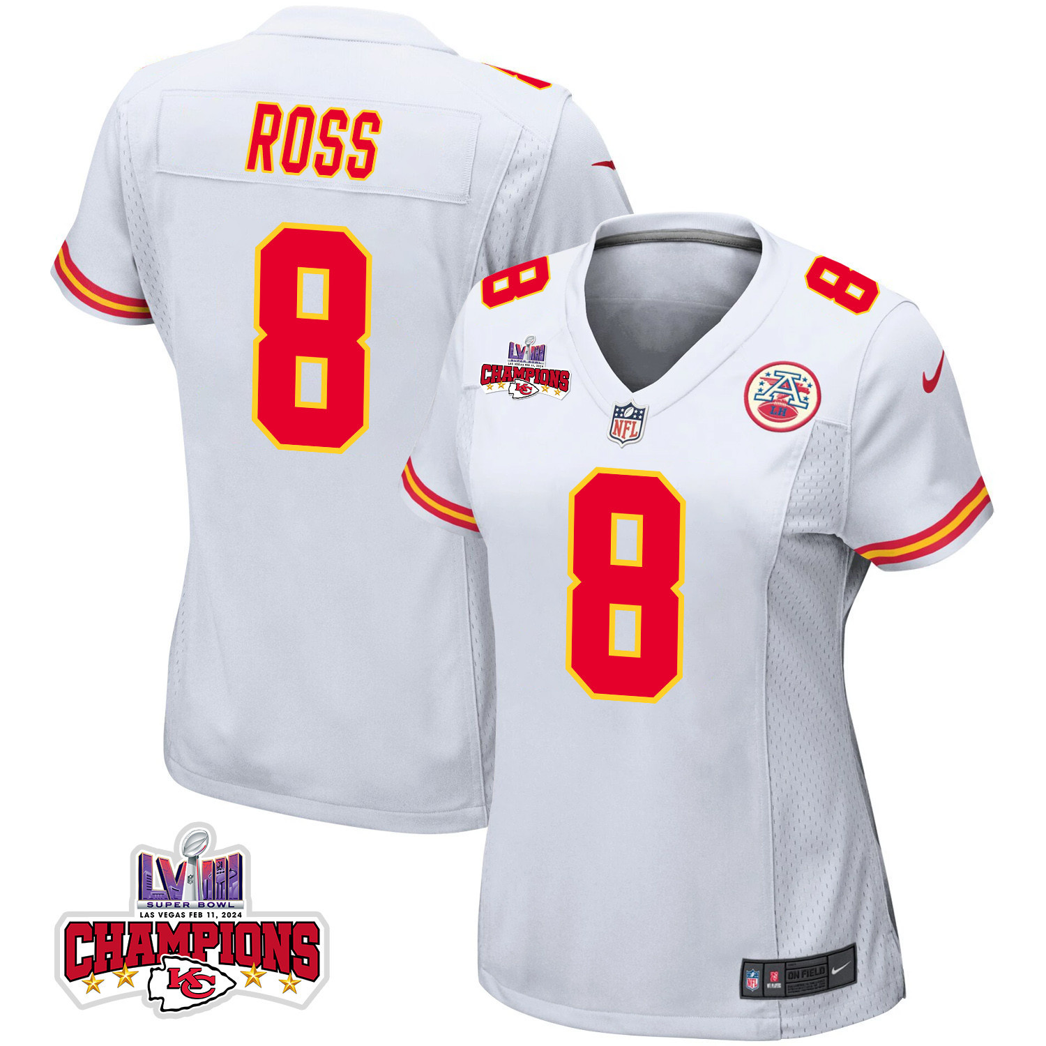 Justyn Ross 8 Kansas City Chiefs Super Bowl Lviii Champions 4 Stars Patch Game Women Jersey - White Js8048
