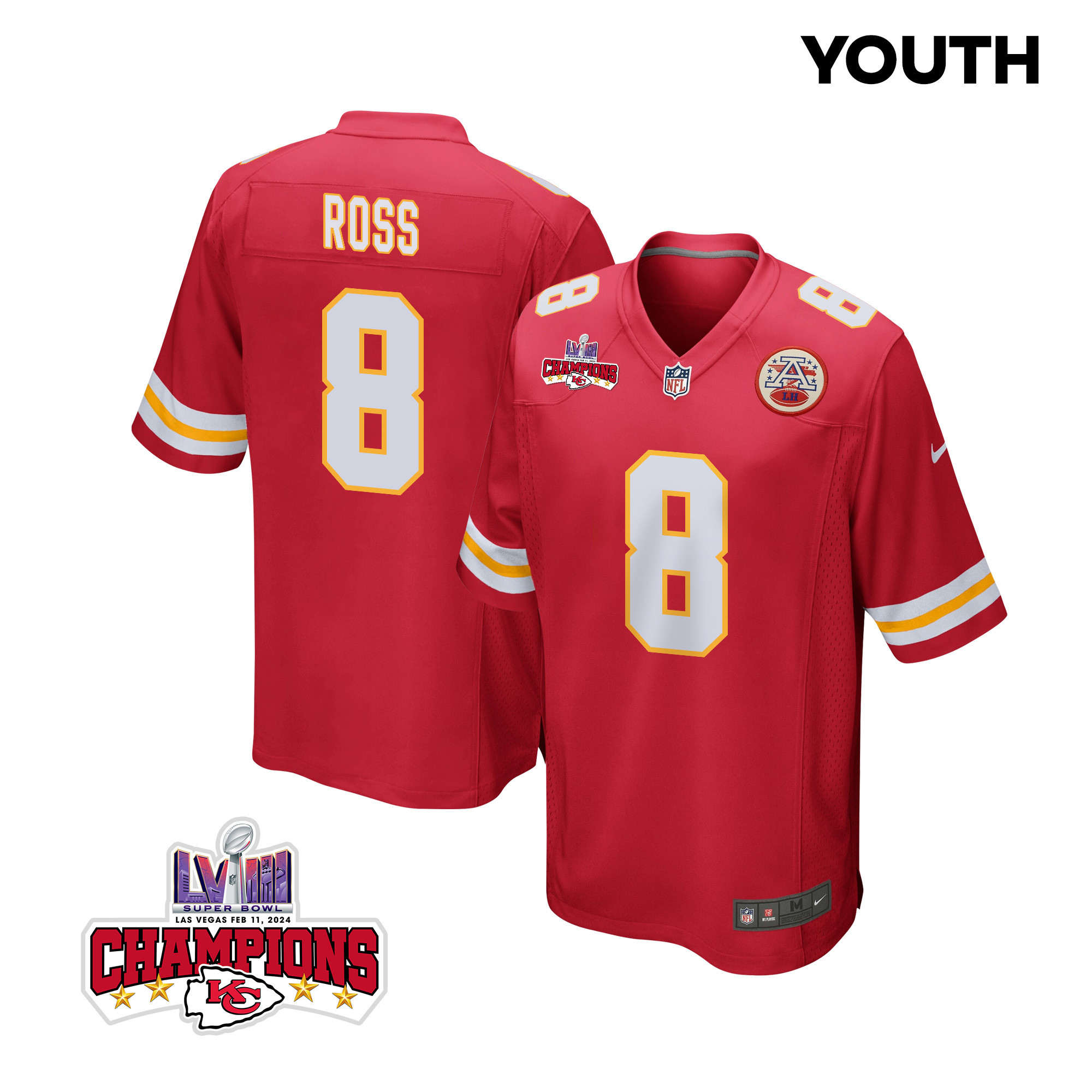 Justyn Ross 8 Kansas City Chiefs Super Bowl Lviii Champions 4 Stars Patch Game Youth Jersey - Red Js2784