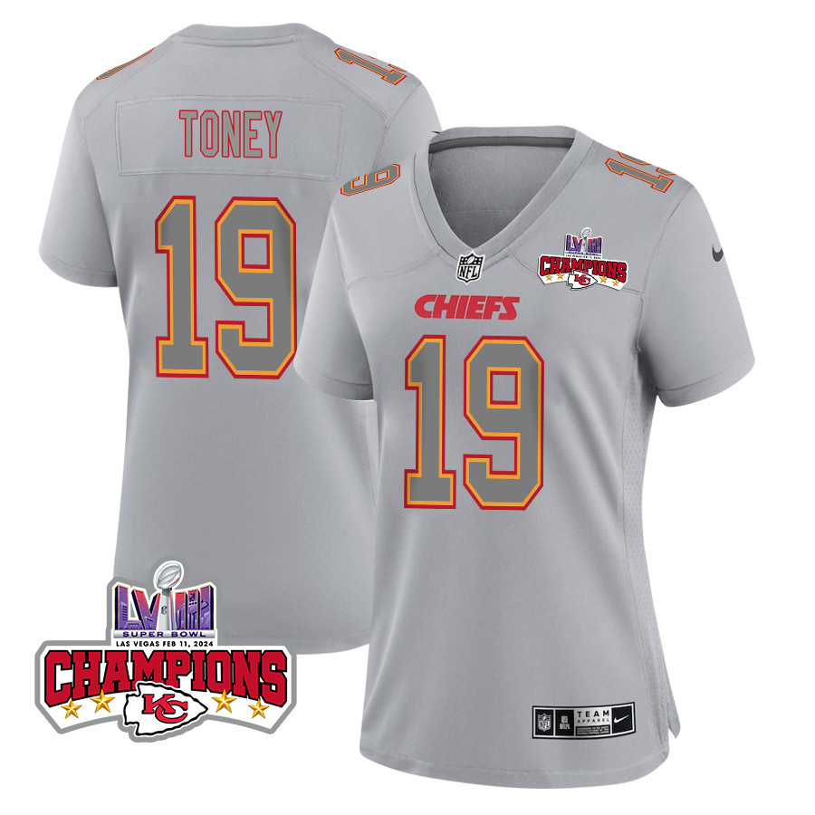 Kadarius Toney 19 Kansas City Chiefs Super Bowl Lviii Champions 4 Stars Patch Atmosphere Fashion Game Women Jersey - Gray Js1885