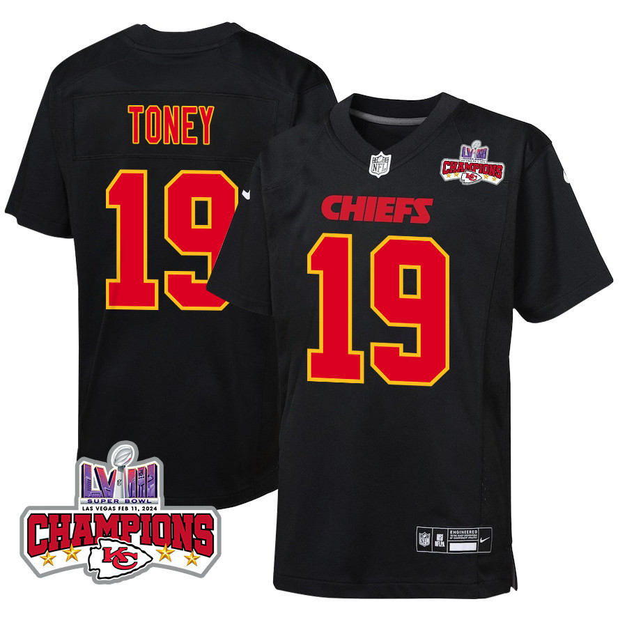 Kadarius Toney 19 Kansas City Chiefs Super Bowl Lviii Champions 4 Stars Patch Fashion Game Youth Jersey - Carbon Black Js7778