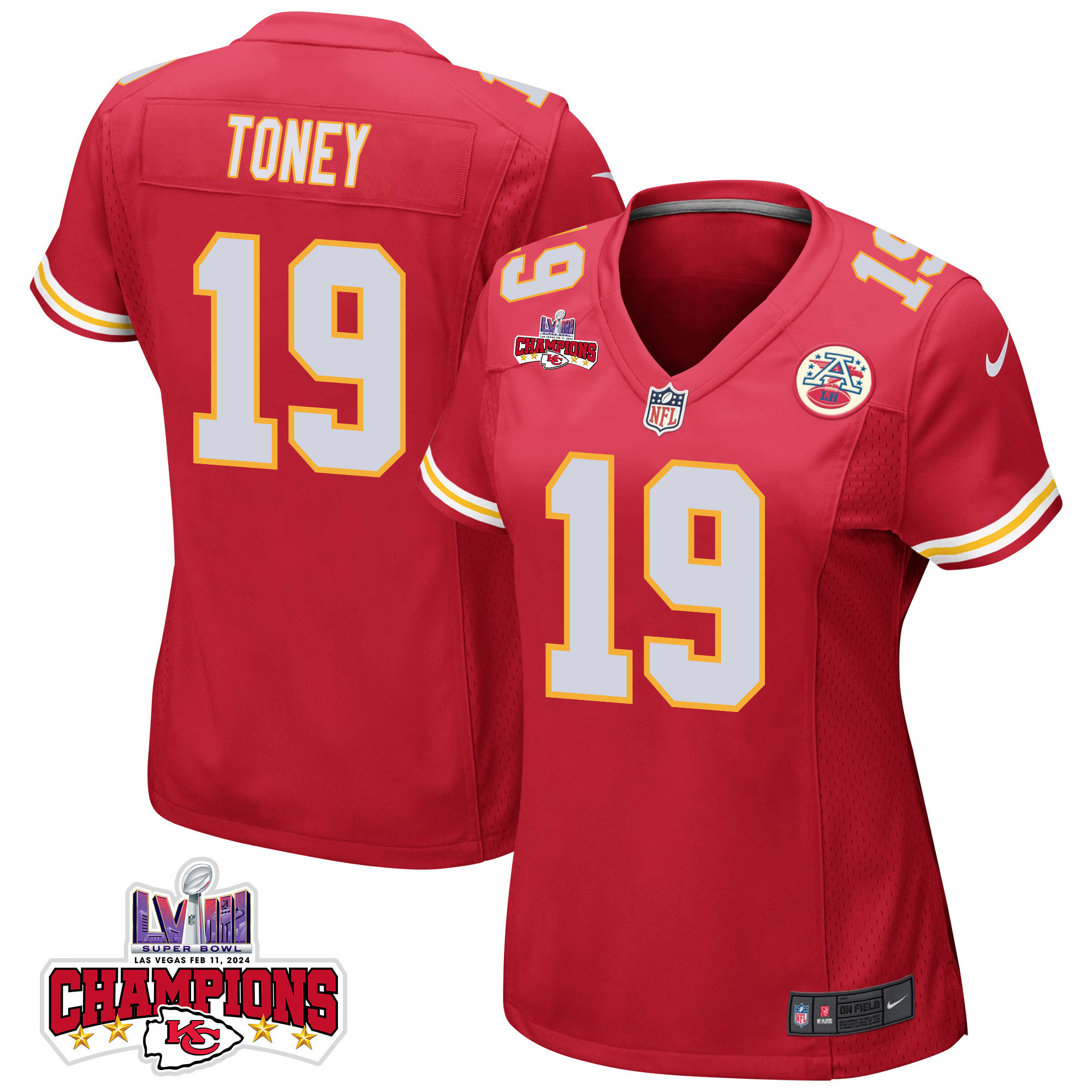 Kadarius Toney 19 Kansas City Chiefs Super Bowl Lviii Champions 4 Stars Patch Game Women Jersey - Red Js4698