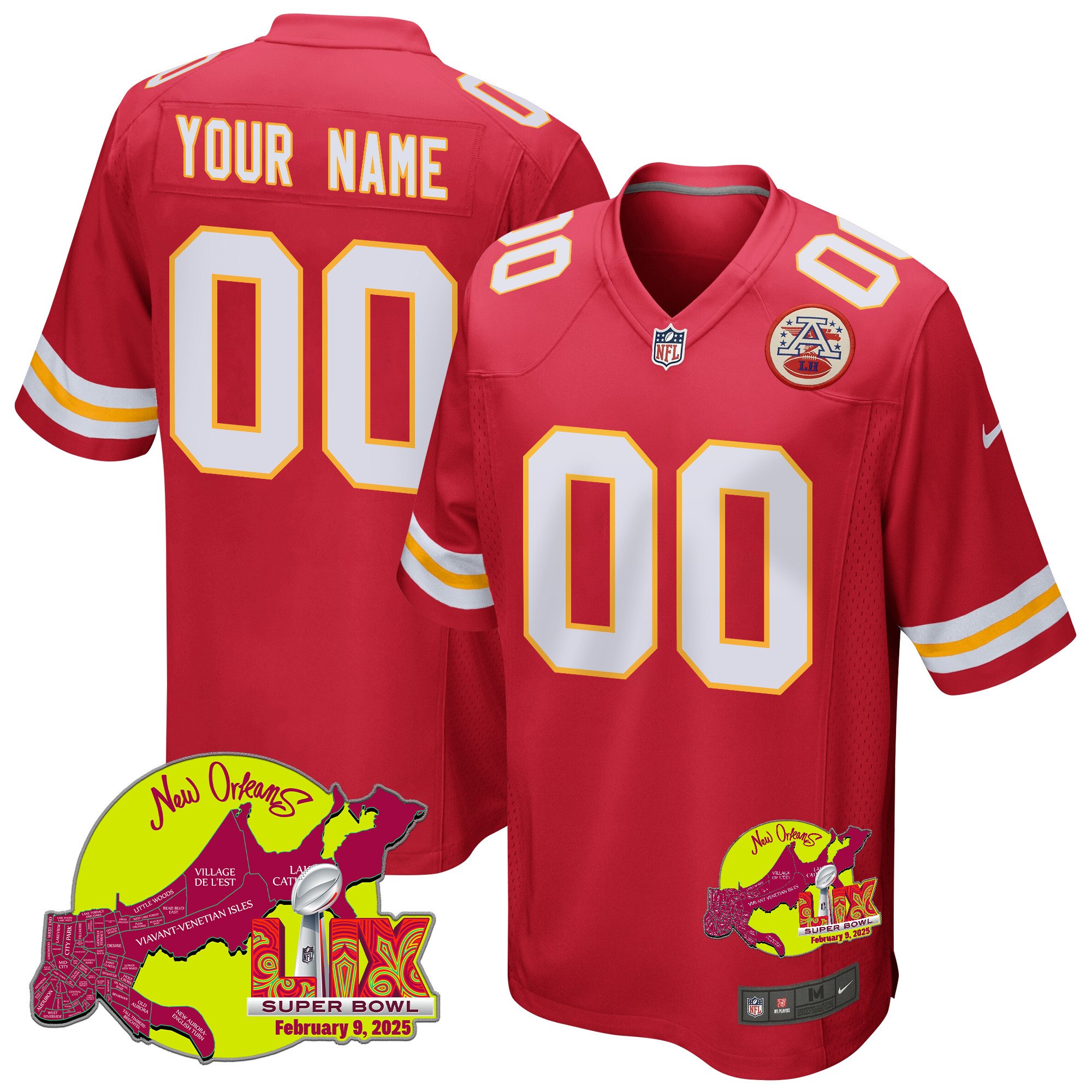 Kansas City Chiefs Super Bowl Lix New Orleans Patch Game Men Custom Jersey - Red Js6352