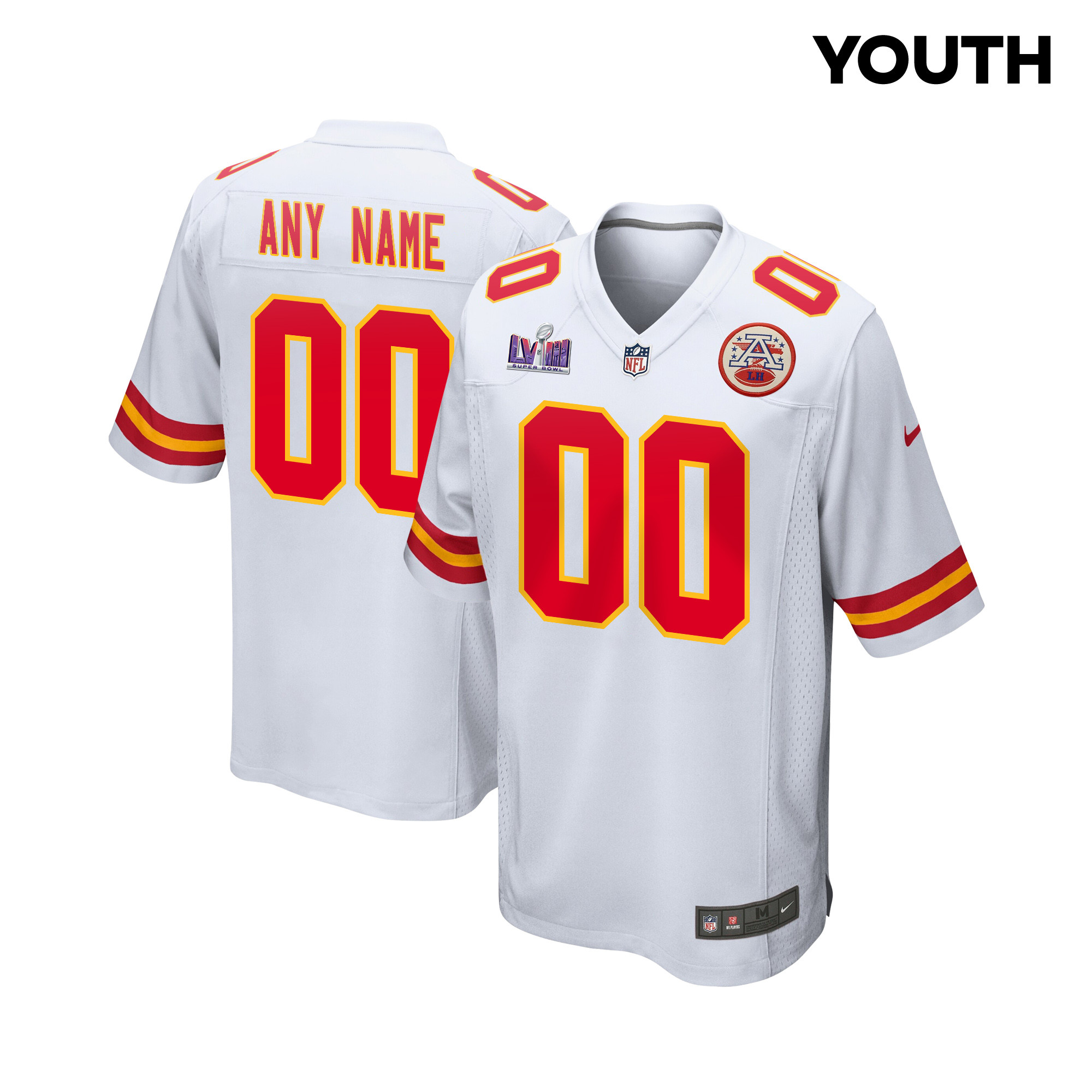 Kansas City Chiefs Super Bowl Lviii Patch Game Youth Custom Jersey - White Js9642