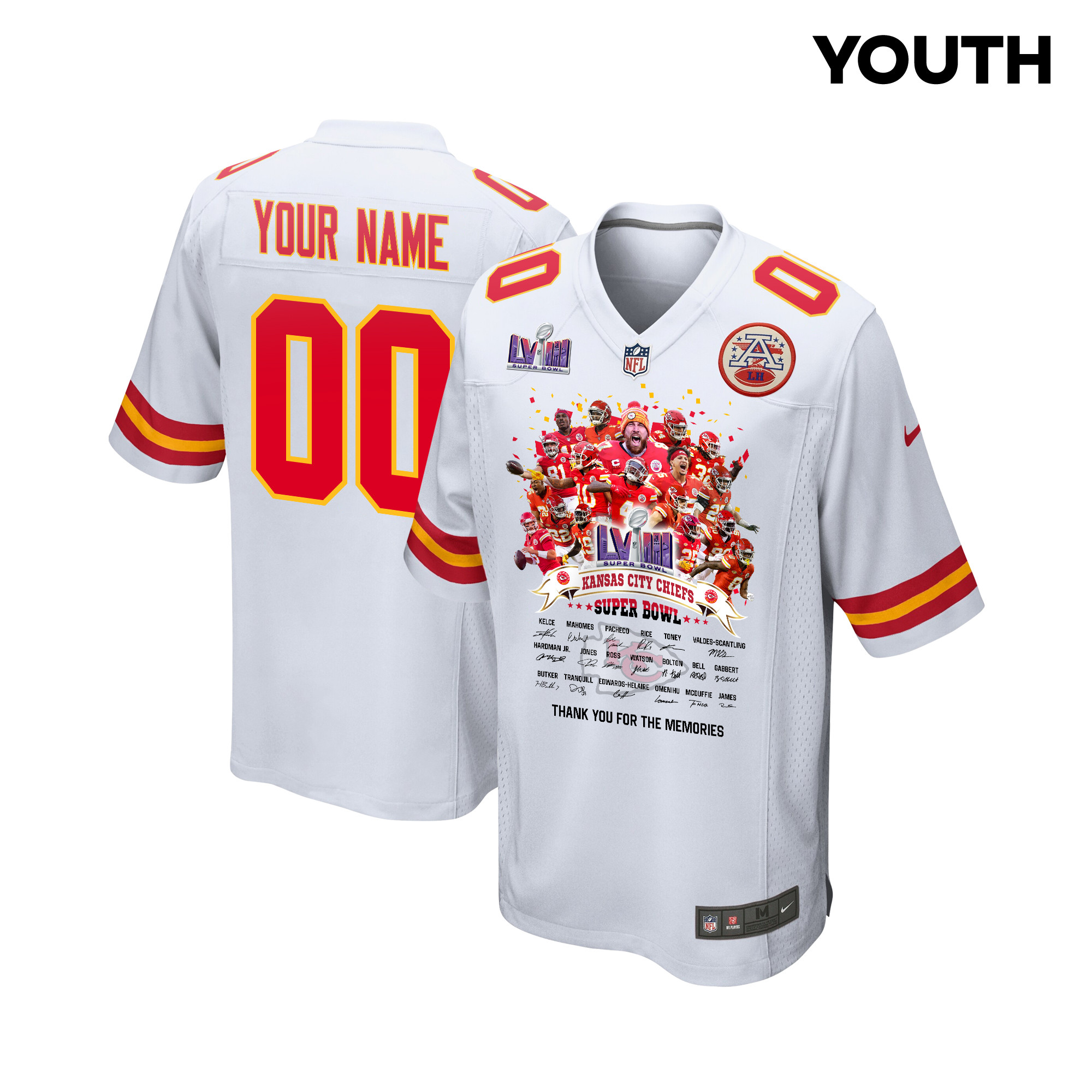 Kansas City Chiefs Super Bowl Lviii Thanks For Memories Game Custom Youth Jersey - White Js4019