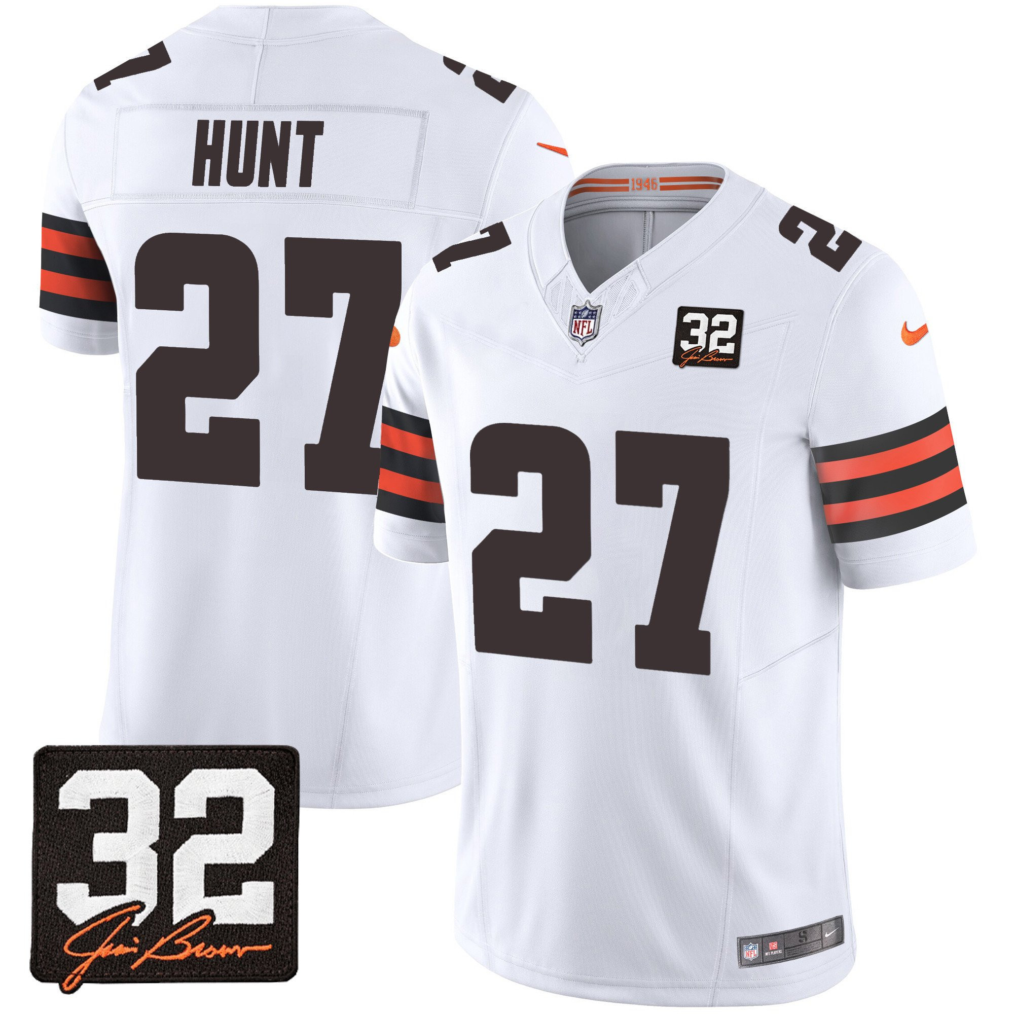 Kareem Hunt 27 Cleveland Browns Jim Brown Memorial Patch Game Men Jersey - White Js9148
