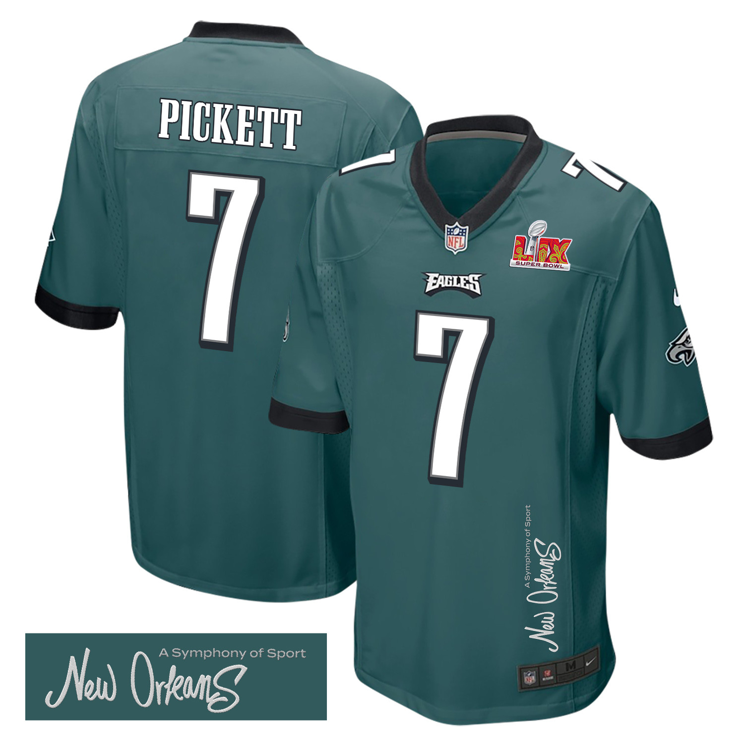 Kenny Pickett 7 Philadelphia Eagles Super Bowl Lix 'new Orleans - A Symphony Of Sport' Embroidered Game Men Jersey - Midnight Green Js5240