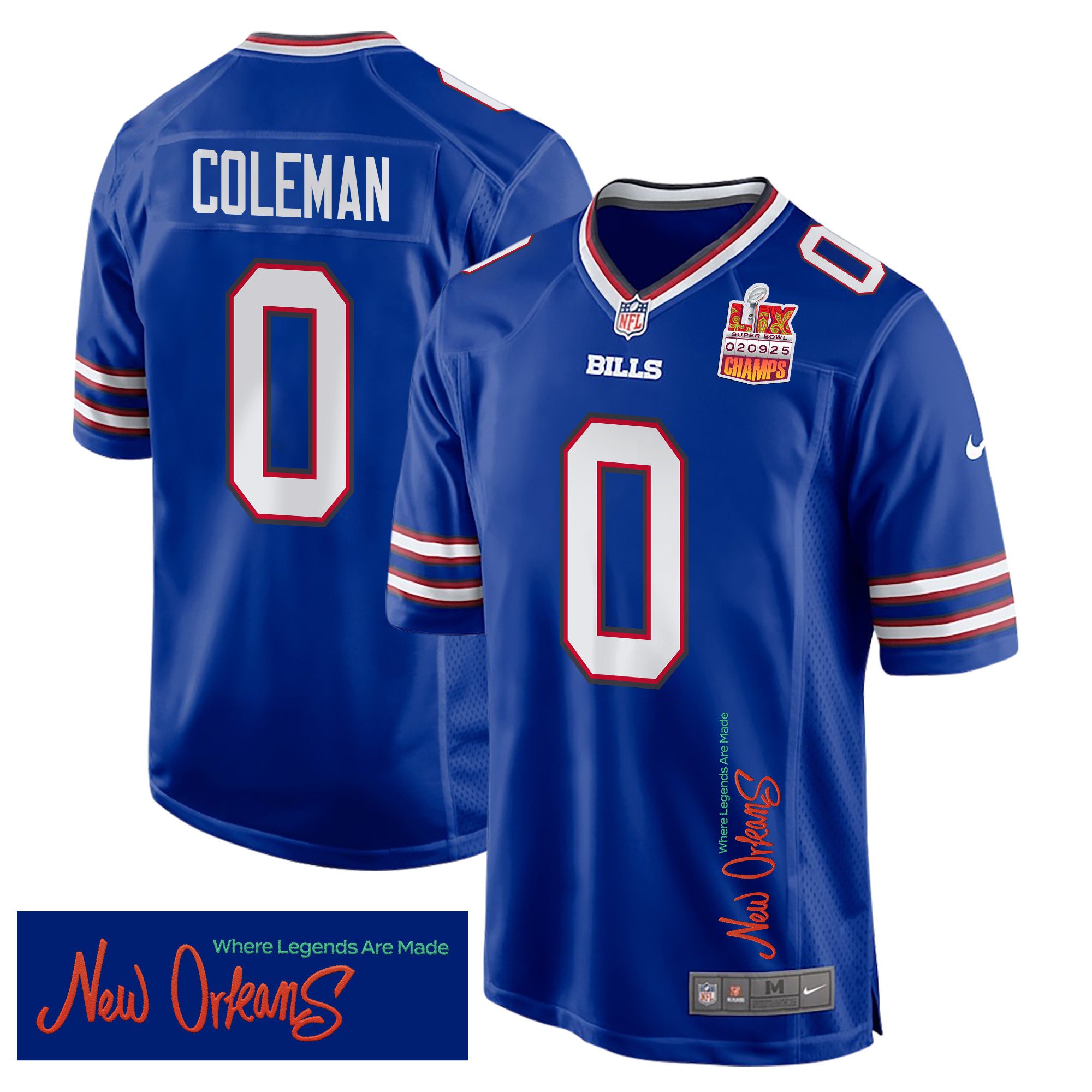 Keon Coleman 0 Buffalo Bills Super Bowl Lix Champions Patch 'new Orleans - Where Legends Are Made' Embroidered Game Men Jersey - Royal Js8447