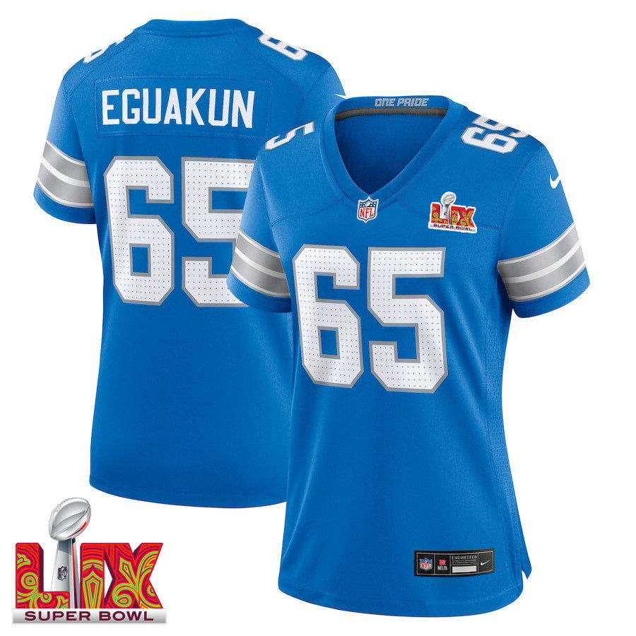 Kingsley Eguakun #65 Detroit Lions Super Bowl Lix Women's Jersey - Blue Js1275