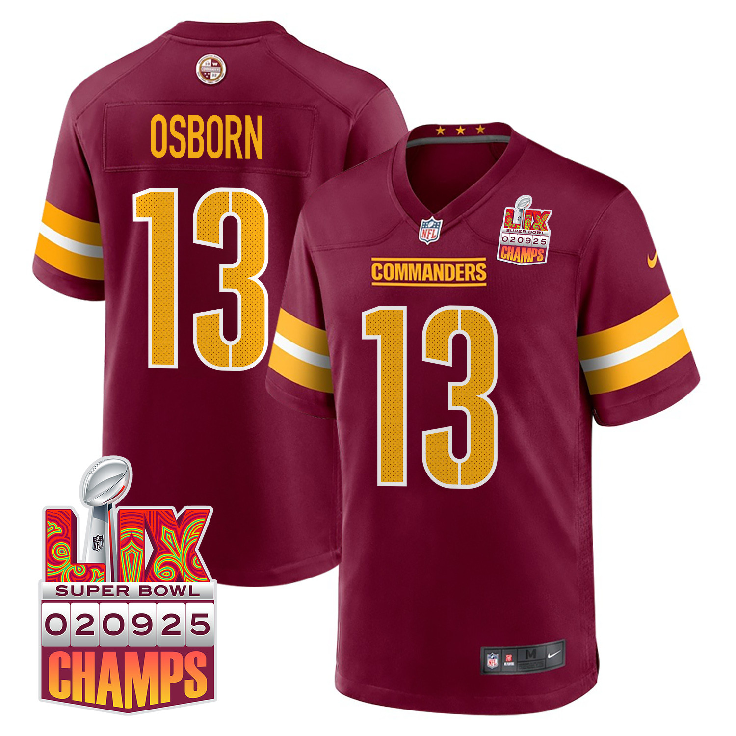 K.j. Osborn 13 Washington Commanders Super Bowl Lix Champions Patch Game Men Jersey - Burgundy Js8242