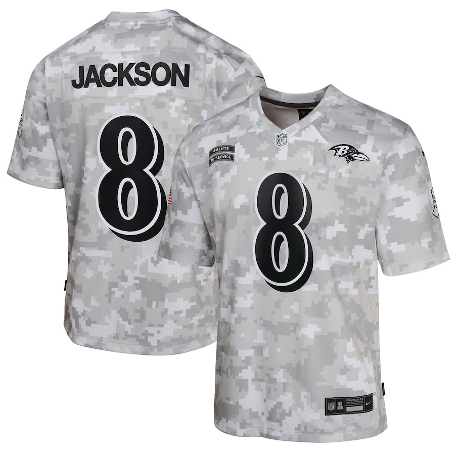 Lamar Jackson 8 Baltimore Ravens 2024 Salute To Service Game Youth Jersey - Arctic Camo Js1721