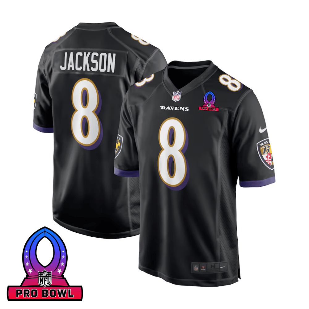 Lamar Jackson 8 Baltimore Ravens 2025 Pro Bowl Patch Alternate Game Men Jersey - Black Js3831