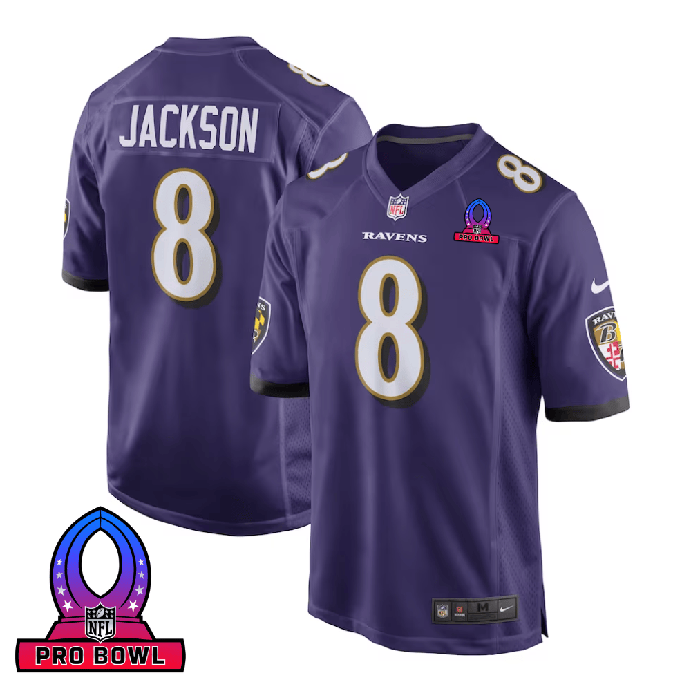 Lamar Jackson 8 Baltimore Ravens 2025 Pro Bowl Patch Game Men Jersey - Purple Js4731