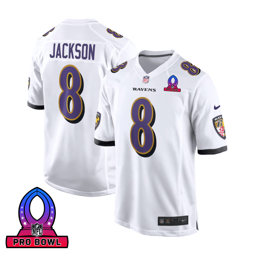 Lamar Jackson 8 Baltimore Ravens 2025 Pro Bowl Patch Game Men Jersey - White Js7358