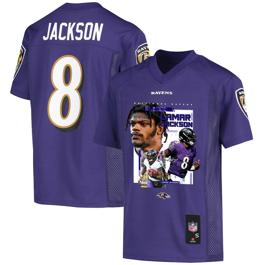 Lamar Jackson 8 Baltimore Ravens Cobra Jackson Game Youth Jersey - Purple Js5726