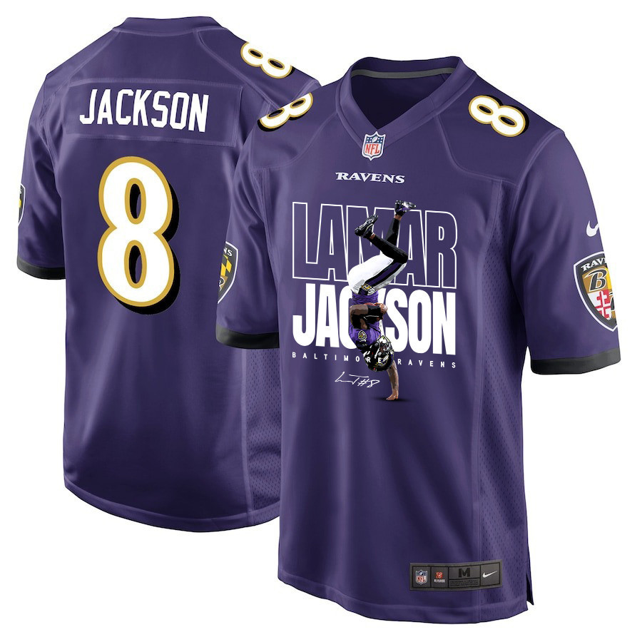 Lamar Jackson 8 Baltimore Ravens Lamar The Merrier Game Men Jersey - Purple Js4968