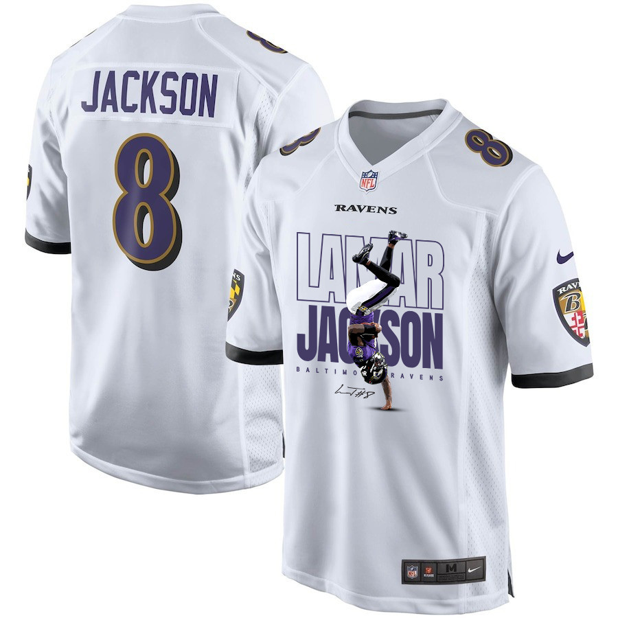 Lamar Jackson 8 Baltimore Ravens Lamar The Merrier Game Men Jersey - White Js4280