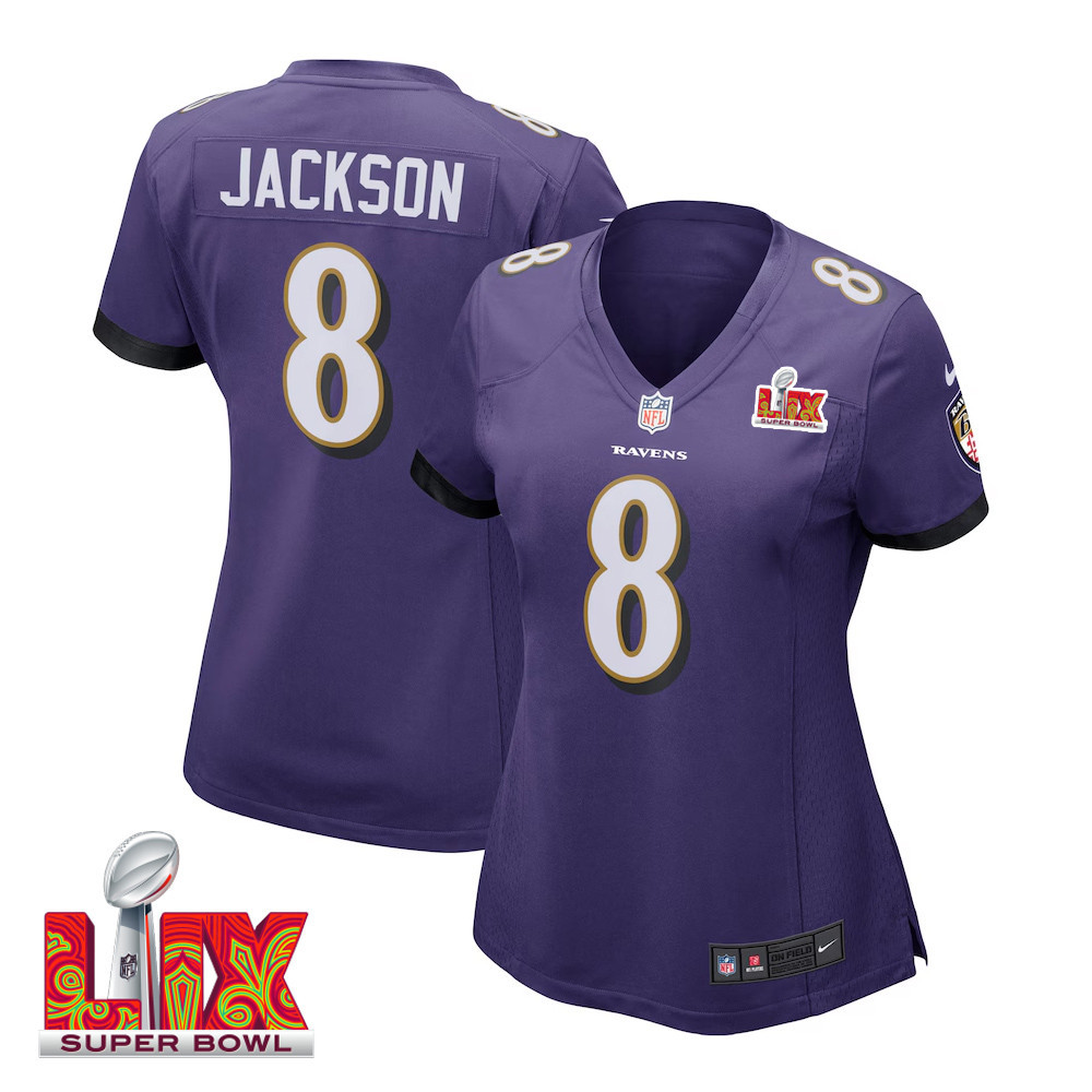 Lamar Jackson #8 Baltimore Ravens Super Bowl Lix Women's Jersey - Purple Js8337