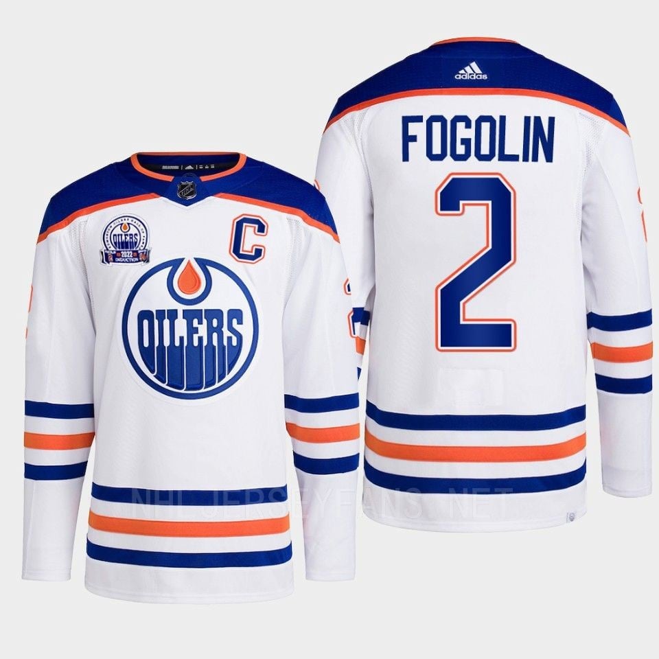 Lee Fogolin 2 Edmonton Oilers White Jersey 2022 Hall Of Fame Patch Away