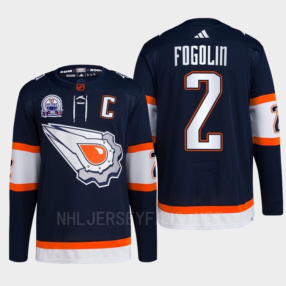Lee Fogolin 2 Hall Of Fame Patch 2022 Edmonton Oilers Navy Jersey Reverse Retro 2.0