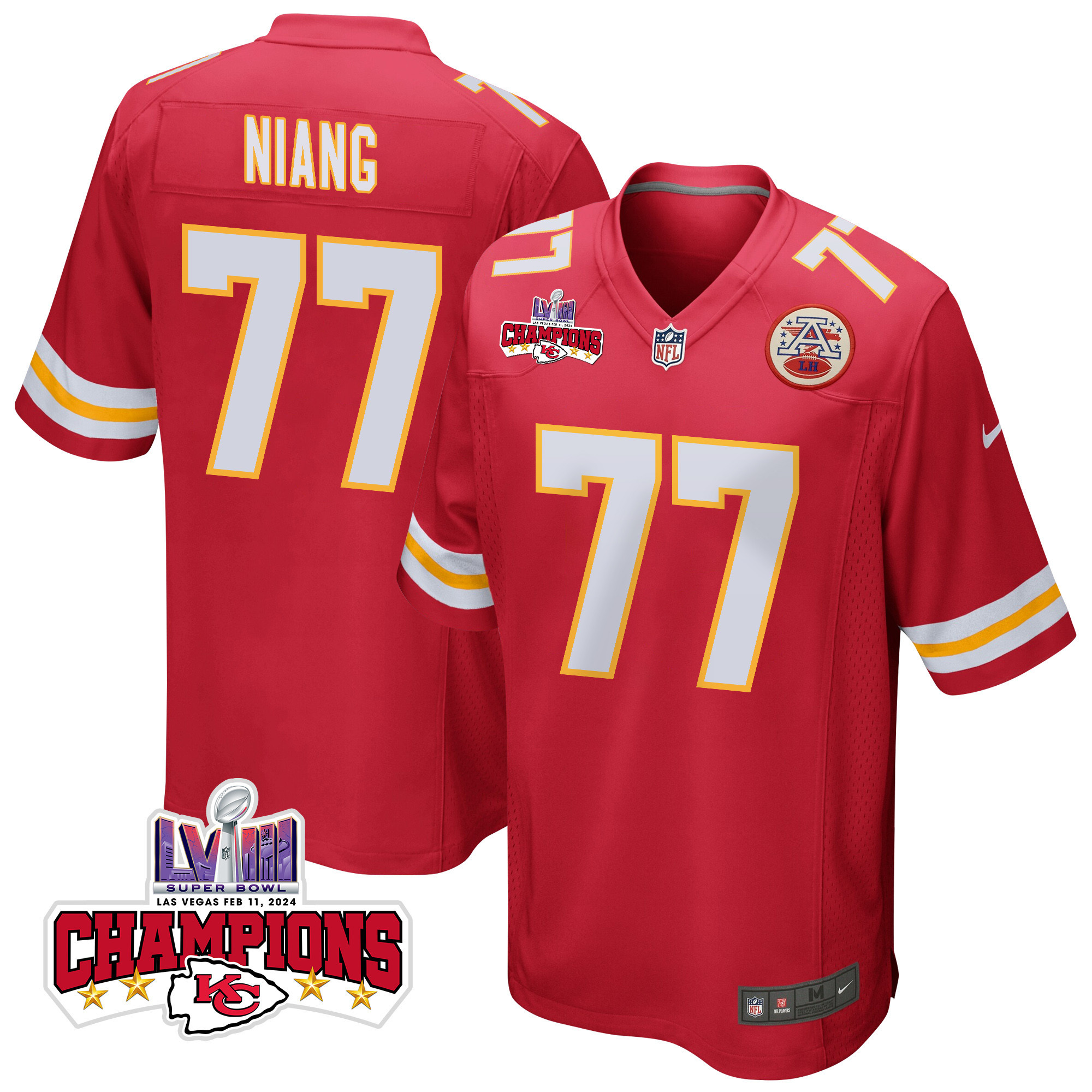 Lucas Niang 77 Kansas City Chiefs Super Bowl Lviii Champions 4 Stars Patch Game Men Jersey - Red Js8483