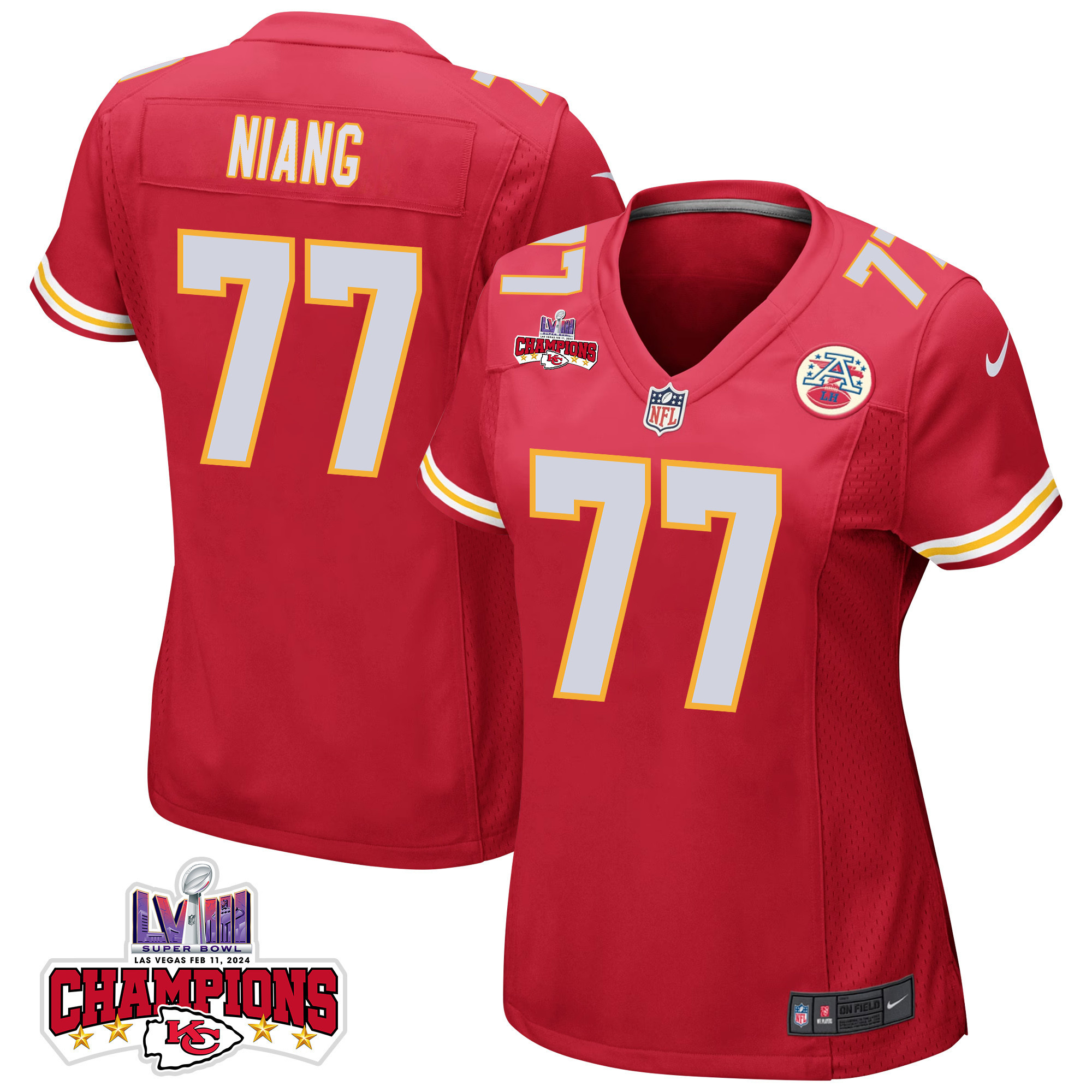 Lucas Niang 77 Kansas City Chiefs Super Bowl Lviii Champions 4 Stars Patch Game Women Jersey - Red Js4695