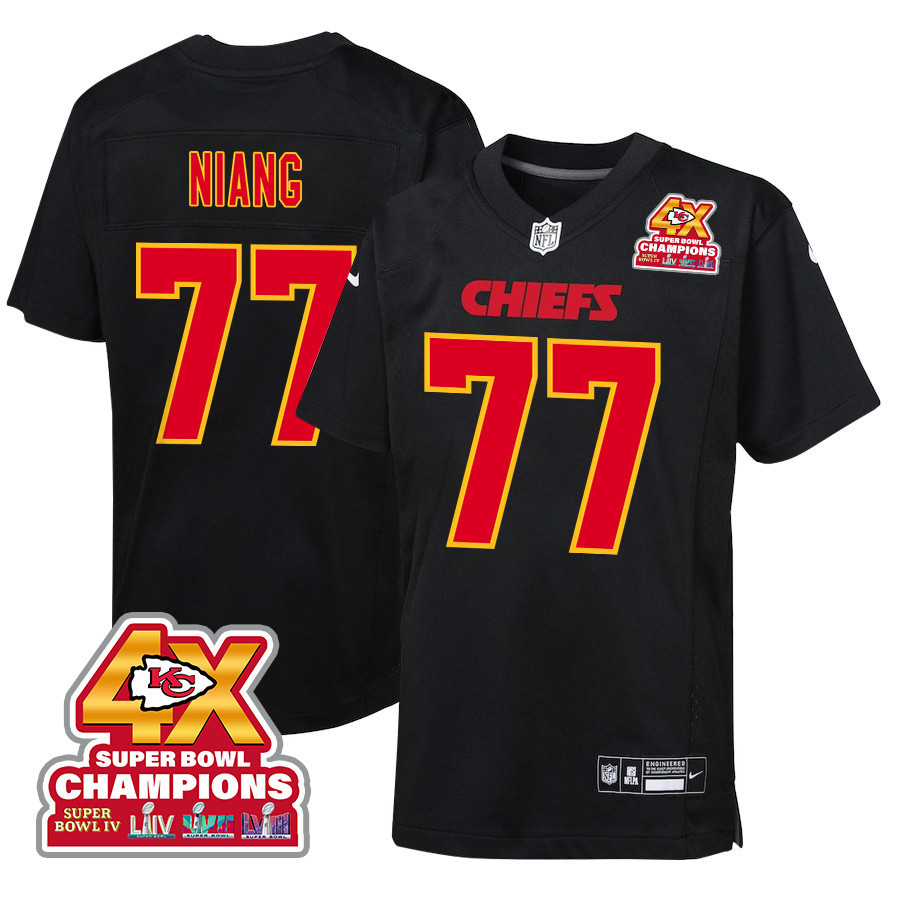 Lucas Niang 77 Kansas City Chiefs Super Bowl Lviii Champions 4x Fashion Game Youth Jersey - Carbon Black Js7607