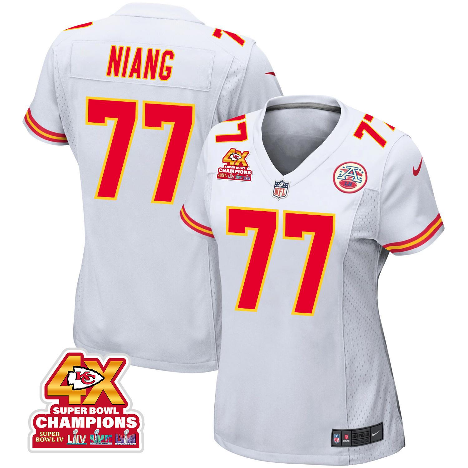 Lucas Niang 77 Kansas City Chiefs Super Bowl Lviii Champions 4x Game Women Jersey - White Js4056