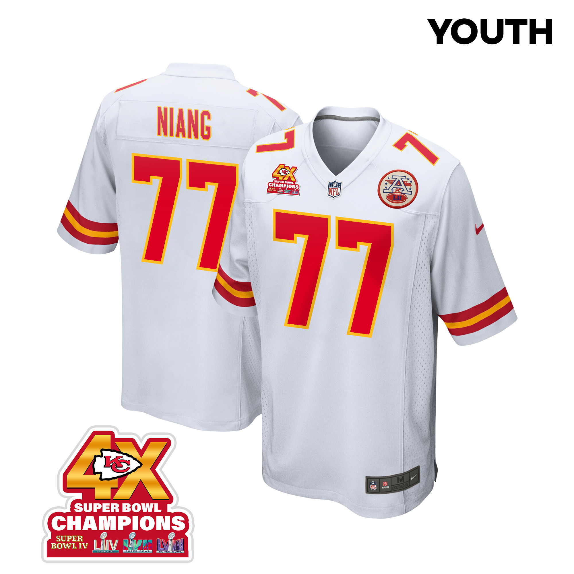 Lucas Niang 77 Kansas City Chiefs Super Bowl Lviii Champions 4x Game Youth Jersey - White Js6692