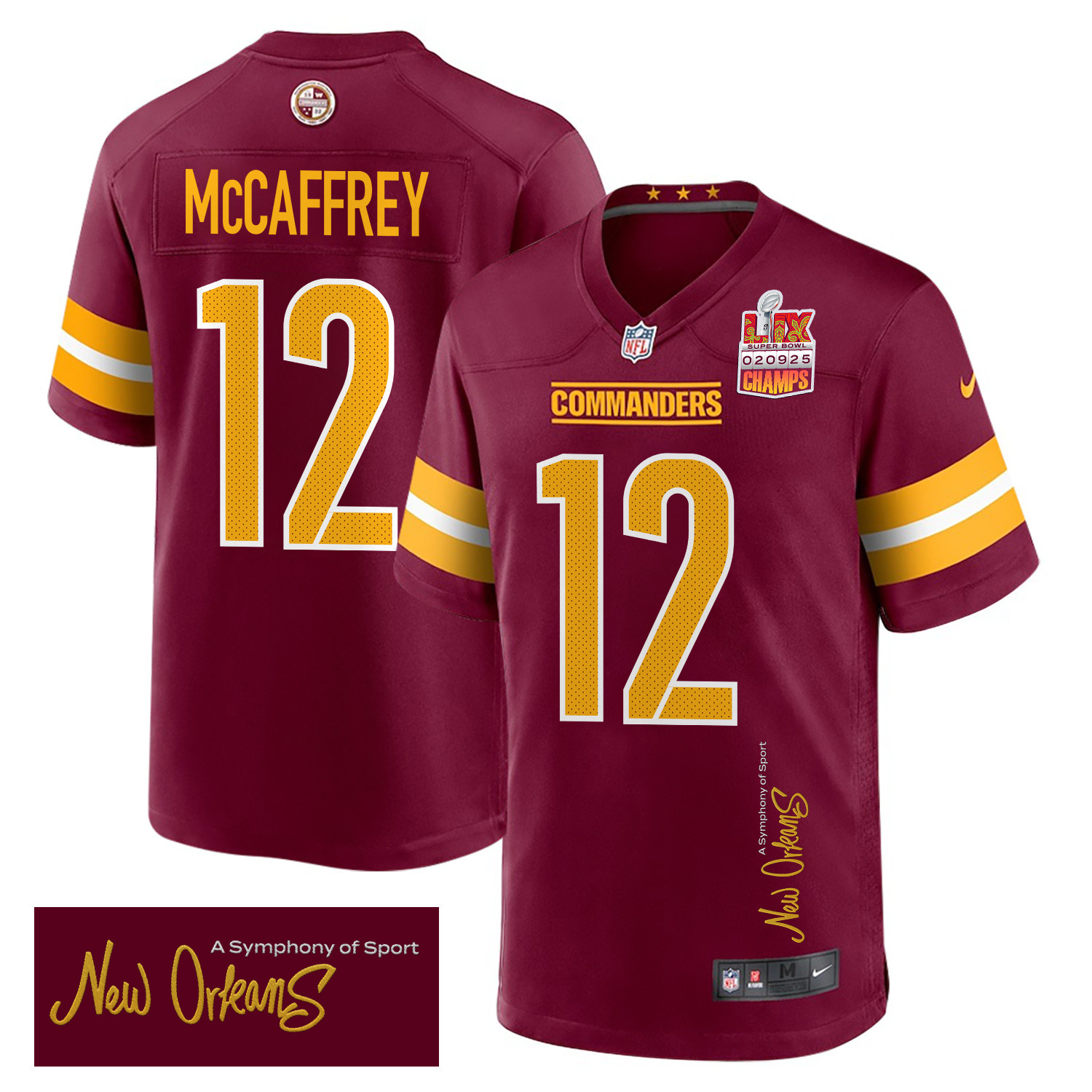 Luke Mccaffrey 12 Washington Commanders Super Bowl Lix Champions Patch 'new Orleans - A Symphony Of Sport' Embroidered Game Men Jersey - Burgundy Js4084