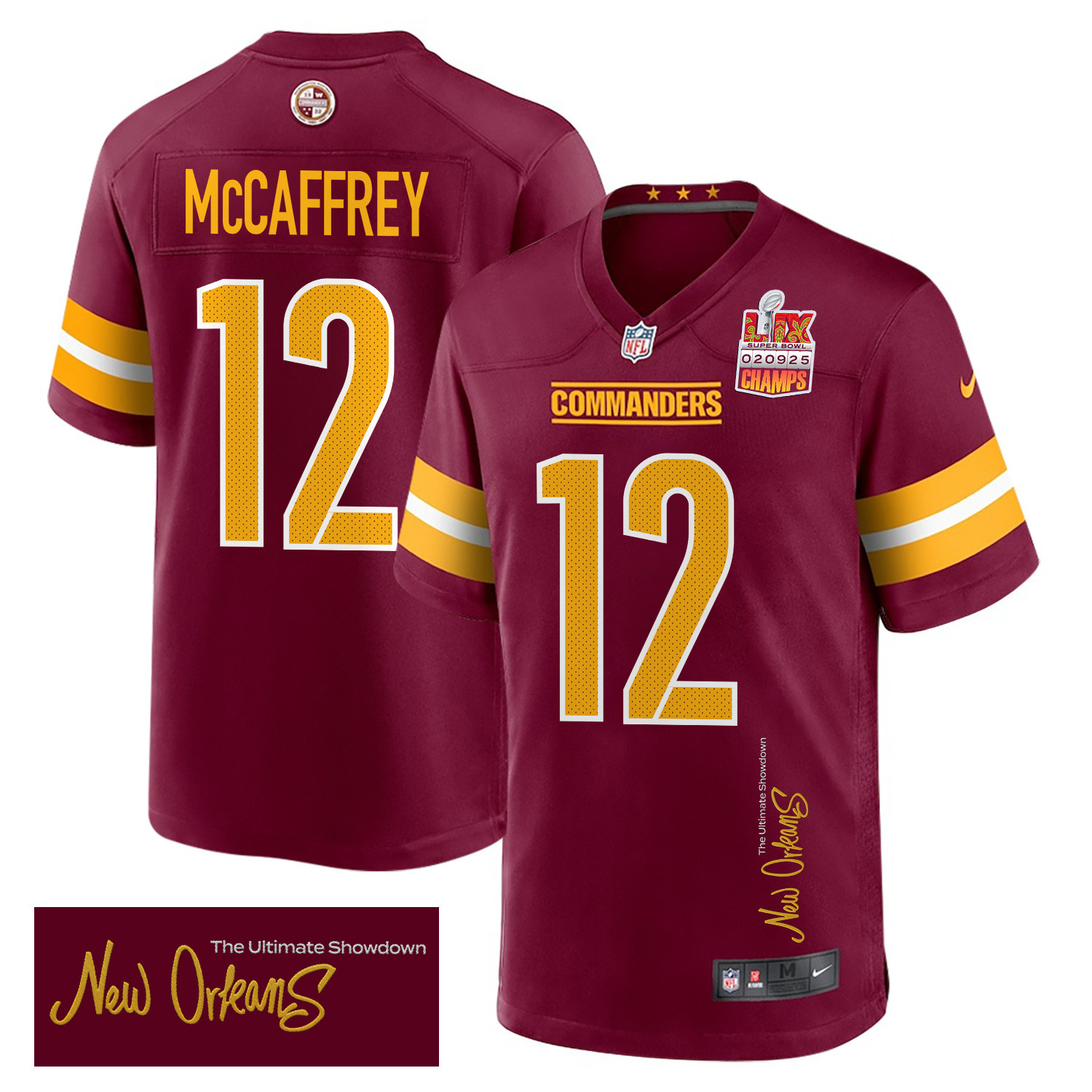 Luke Mccaffrey 12 Washington Commanders Super Bowl Lix Champions Patch 'new Orleans - The Ultimate Showdown' Embroidered Game Men Jersey - Burgundy Js2993