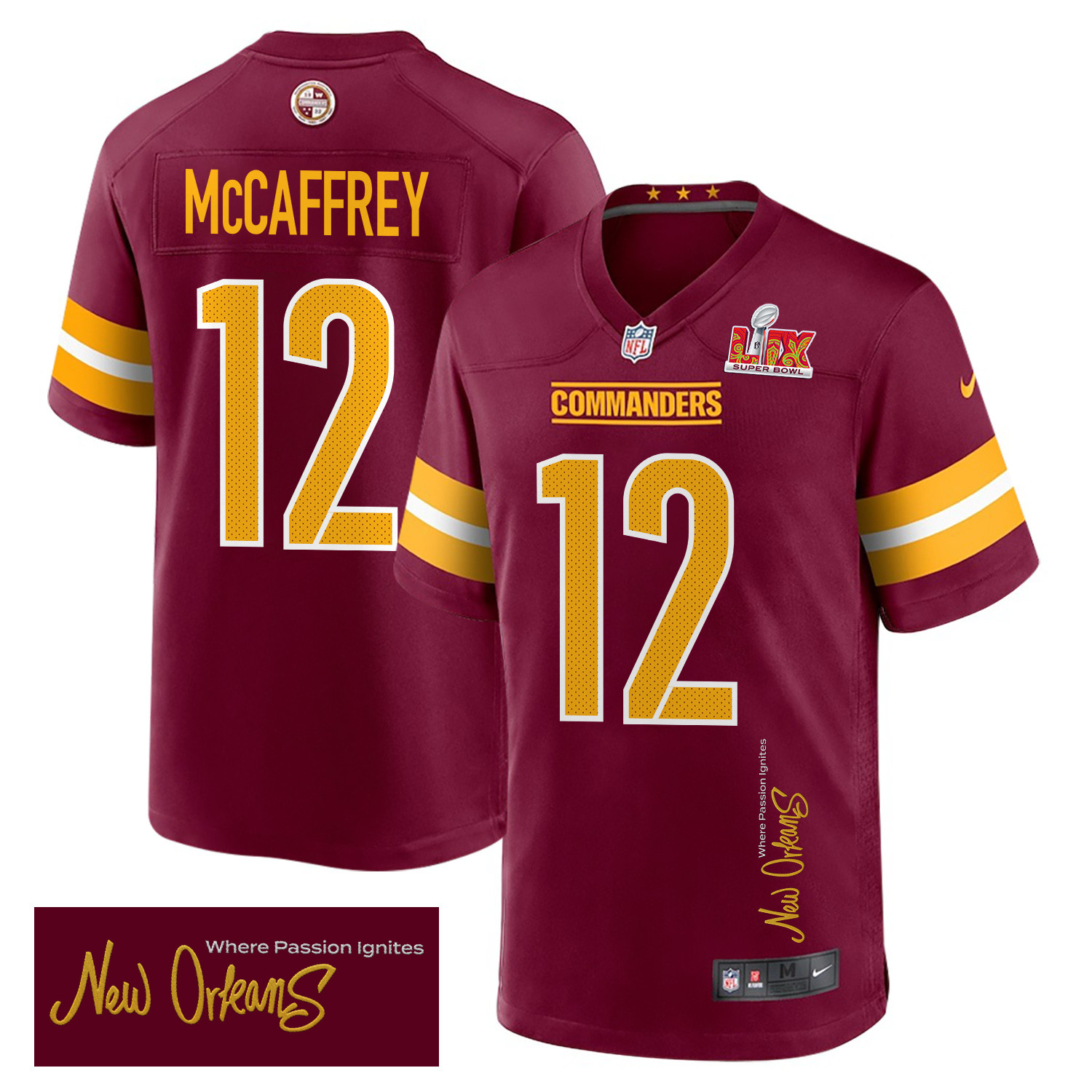 Luke Mccaffrey 12 Washington Commanders Super Bowl Lix 'new Orleans - Where Passion Ignites' Embroidered Game Men Jersey - Burgundy Js3738