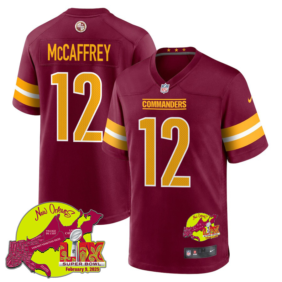 Luke Mccaffrey 12 Washington Commanders Super Bowl Lix New Orleans Patch Game Men Jersey - Burgundy Js5266