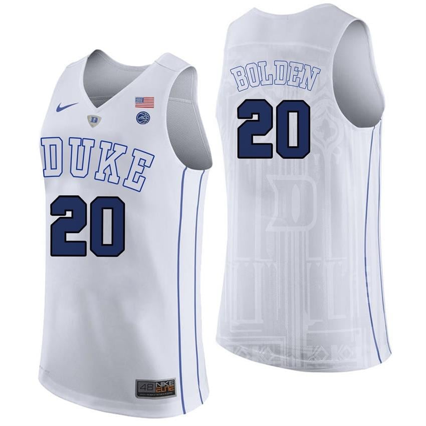 Male Duke Blue Devils 20 Marques Bolden White College Basketball Player Performance Jersey